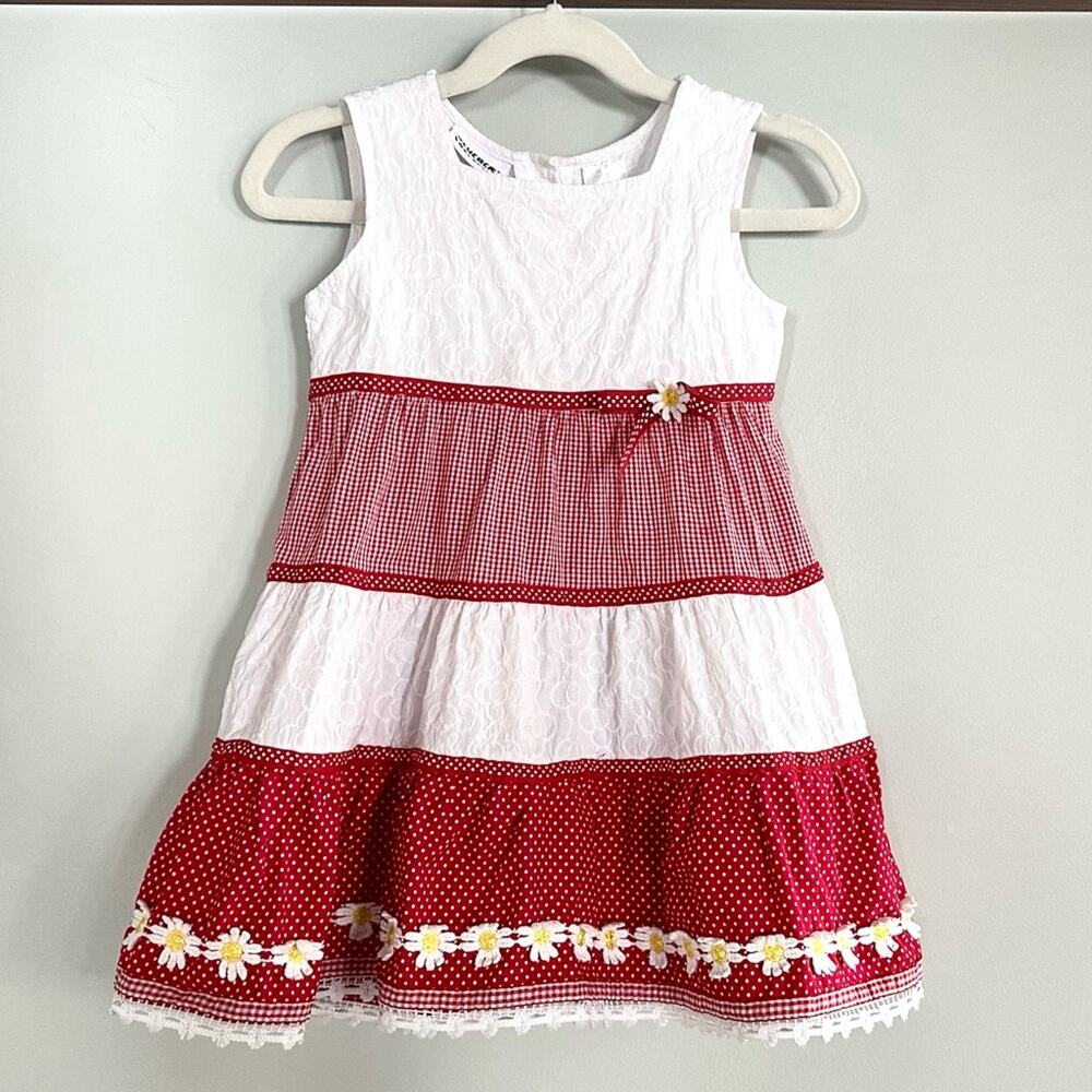 Blueberi Boulevard Girls 4T Red Gingham Daisy Fit Flare Dress Eyelet Polka Dot